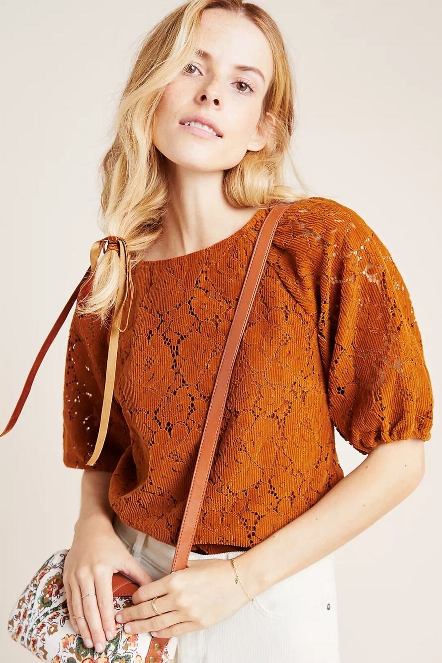 Dolan Anthropologie Norah Floral Corduroy Blouse Top Brown Burnt Orange XS New